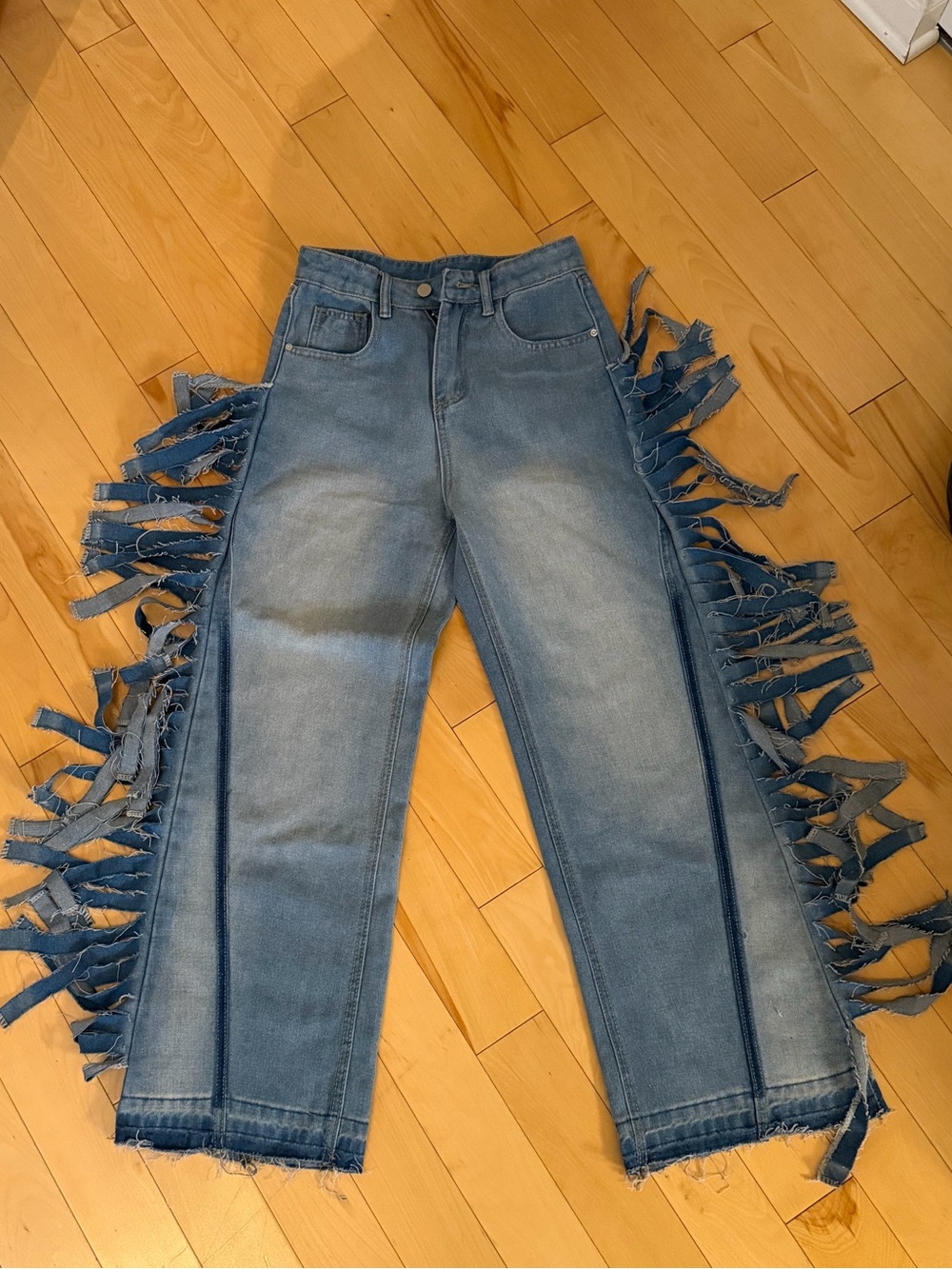 Y2K Side Fringe Jeans Women’s Small Wide Leg Raw Hem Festival Boho